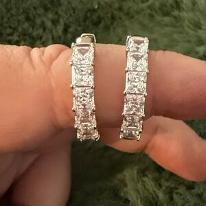 Sparkling Sterling Silver stamped 925 Princess cut cubic zirconia Hoop Earrings